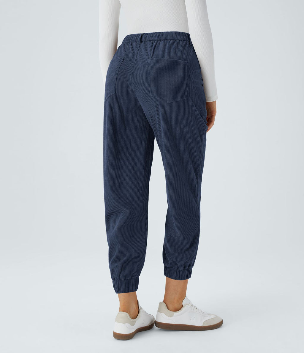 Pantalon décontracté en velours côtelé avec taille mi-haute, boutons et fermeture éclair