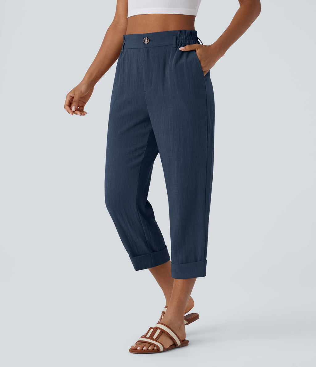 Pantalon capri effet lin taille haute avec poches zippées