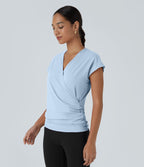 Blouse Travail Unie Froncée Croisée Manches Courtes Col en V