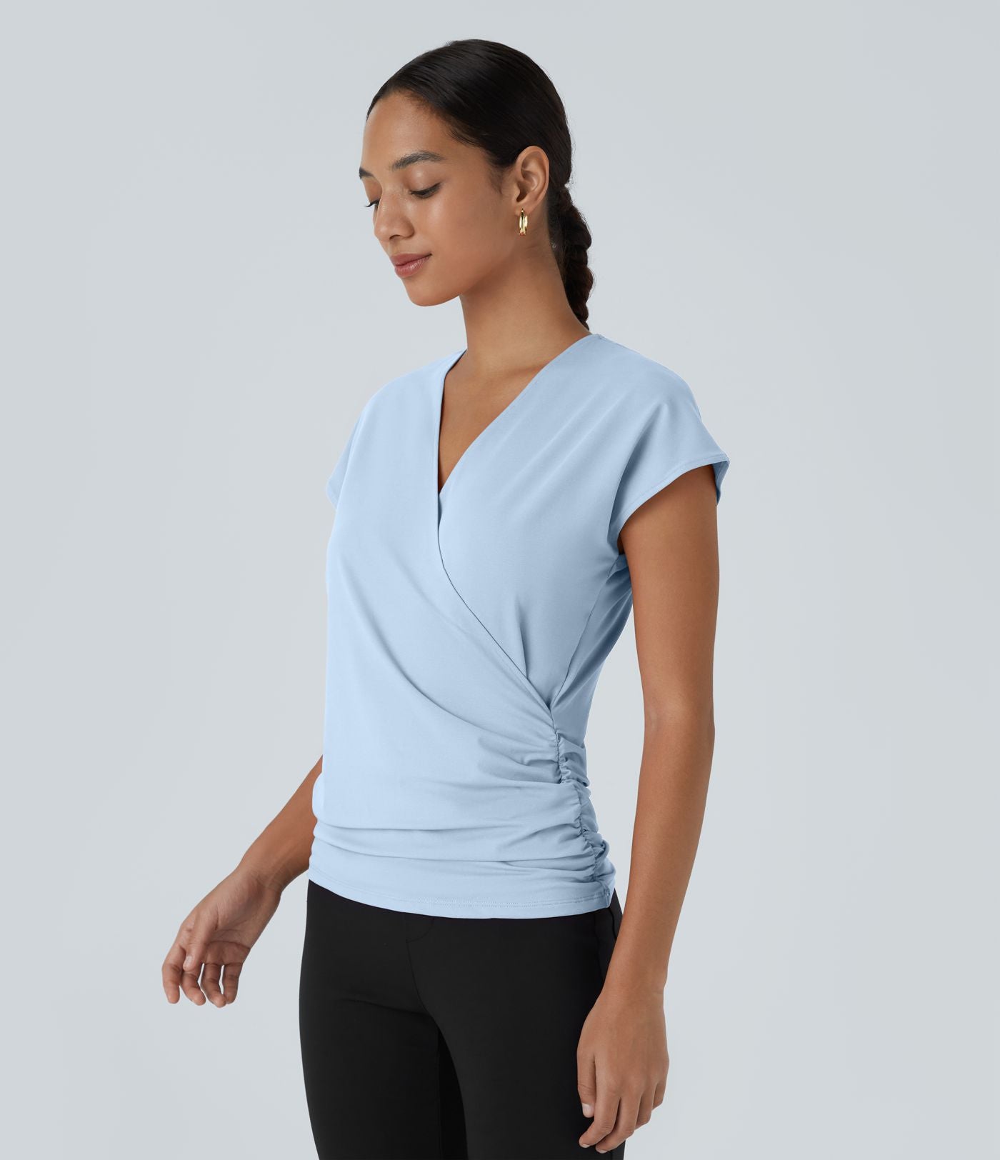 Blouse Travail Unie Froncée Croisée Manches Courtes Col en V