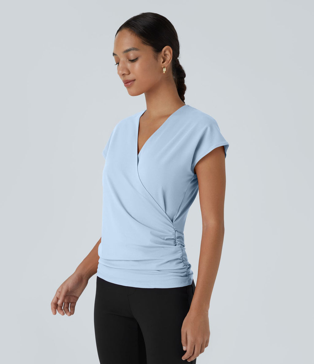 Blouse Travail Unie Froncée Croisée Manches Courtes Col en V