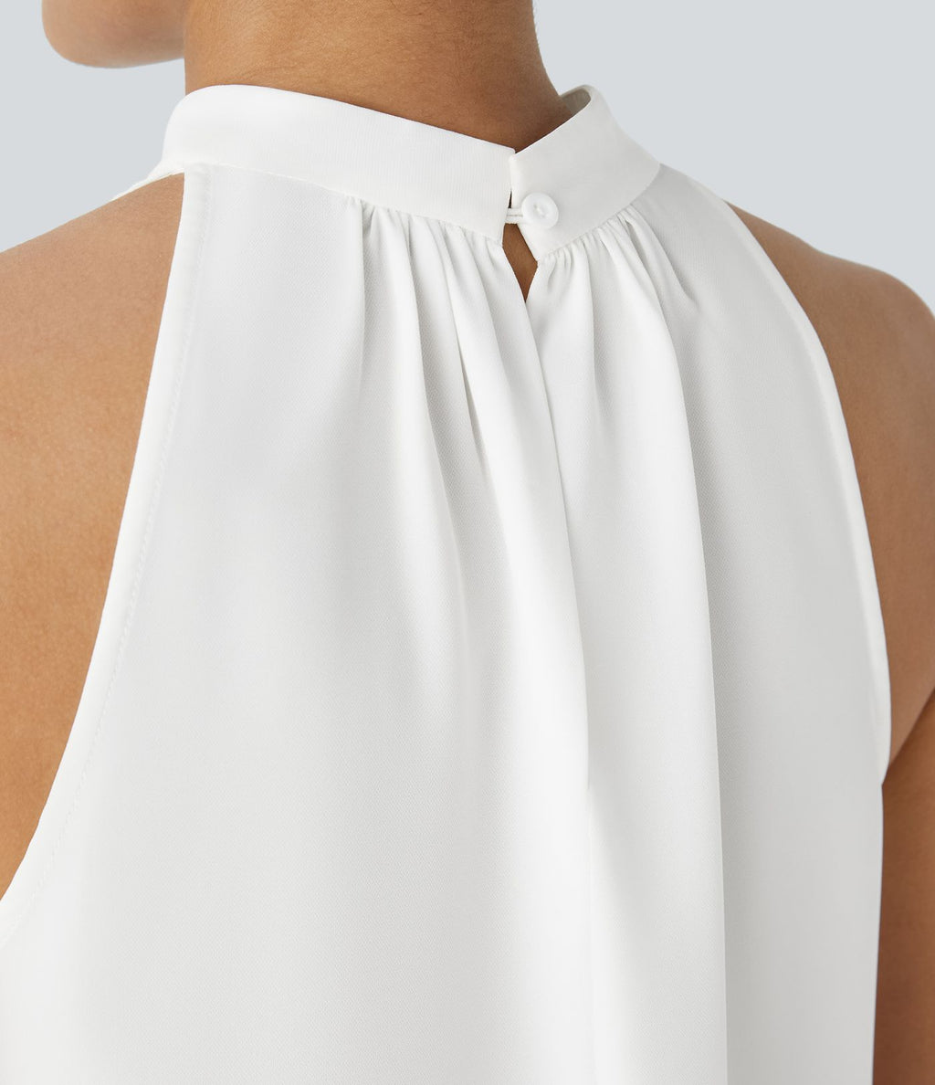 Blouse Travail Sans Manches Ourlet Courbé Col Haut Découpe au Dos Plis