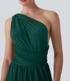 Robe longue de soirée col V, manches courtes, dos croisé à nouer, fendue avec poche latérale