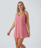 Robe courte aspect lin décolletée en V pour les vacances, à bretelles réglables, dos nu avec lien à nouer et poches latérales