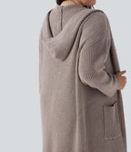Cardigan long casual à capuche avec poches latérales et fentes grande taille manches longues