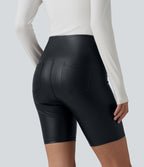 Short de cycliste casual en PU stretch gainant taille haute 17,5 cm avec poches