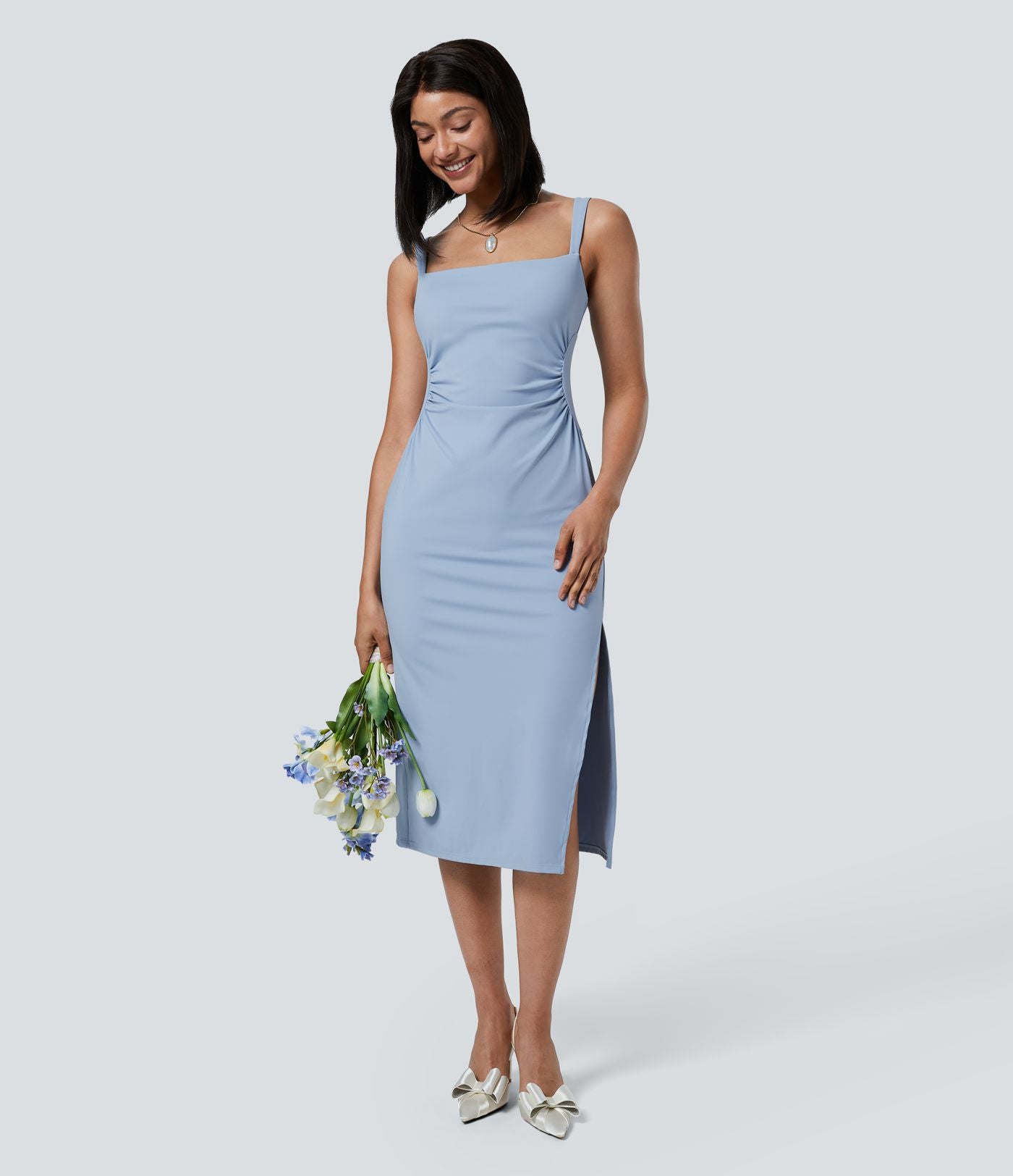 Softlyzero™ Airy Robe Demoiselle d'Honneur Invitée de Mariage Col Carré Plissée et Fendue Toucher Frais Grande Taille