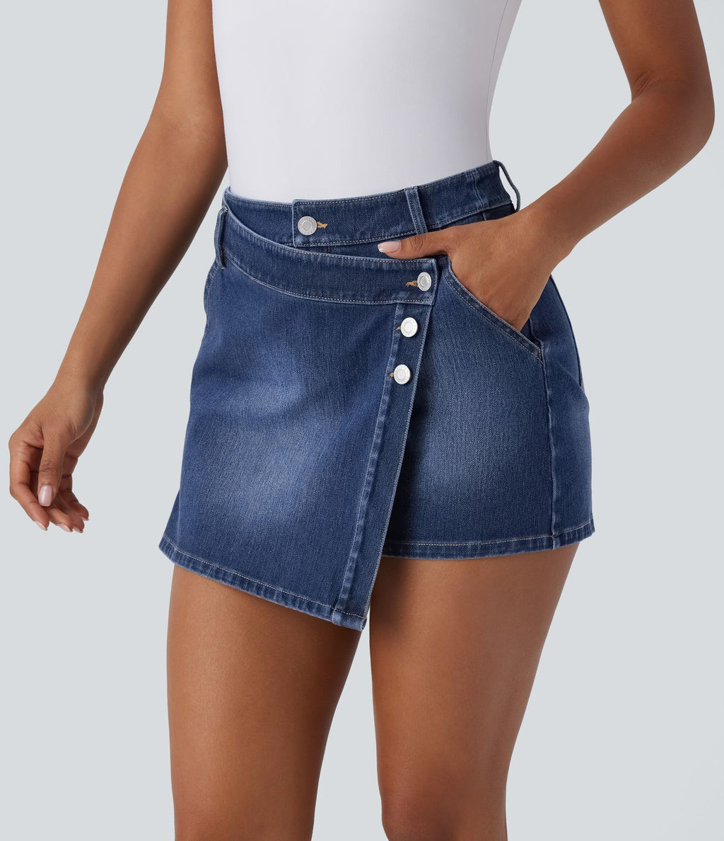Halara Flex™ Short décontracté en jean extensible effet délavé à taille haute avec poches multiples et détail enveloppant