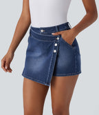 Halara Flex™ Short décontracté en jean extensible effet délavé à taille haute avec poches multiples et détail enveloppant