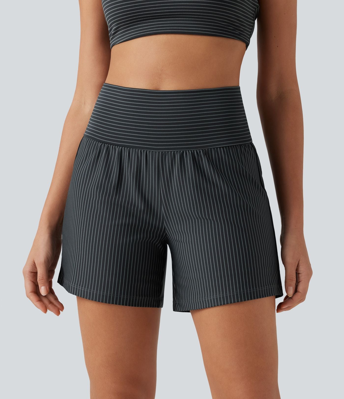 Short de yoga 2-en-1 à rayures, taille très haute, 12,5 cm, à poches