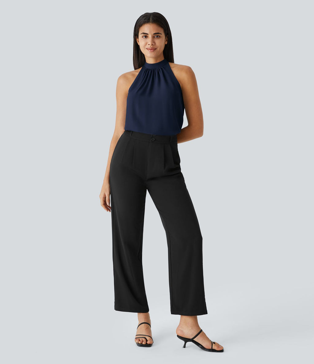 Blouse Travail Sans Manches Ourlet Courbé Col Haut Découpe au Dos Plis