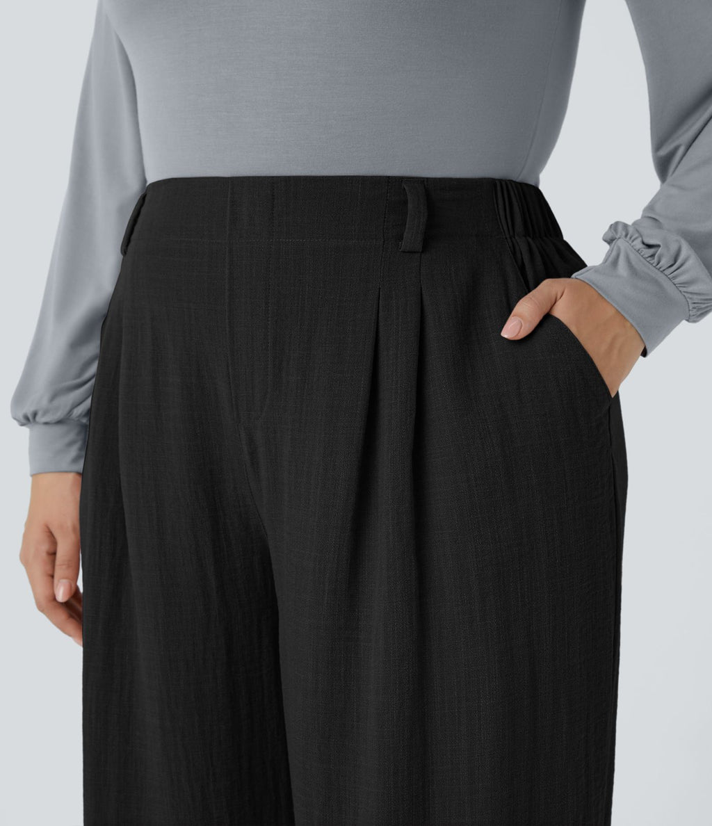 Pantalon décontracté palazzo large effet lin, taille haute, grande taille, avec poches