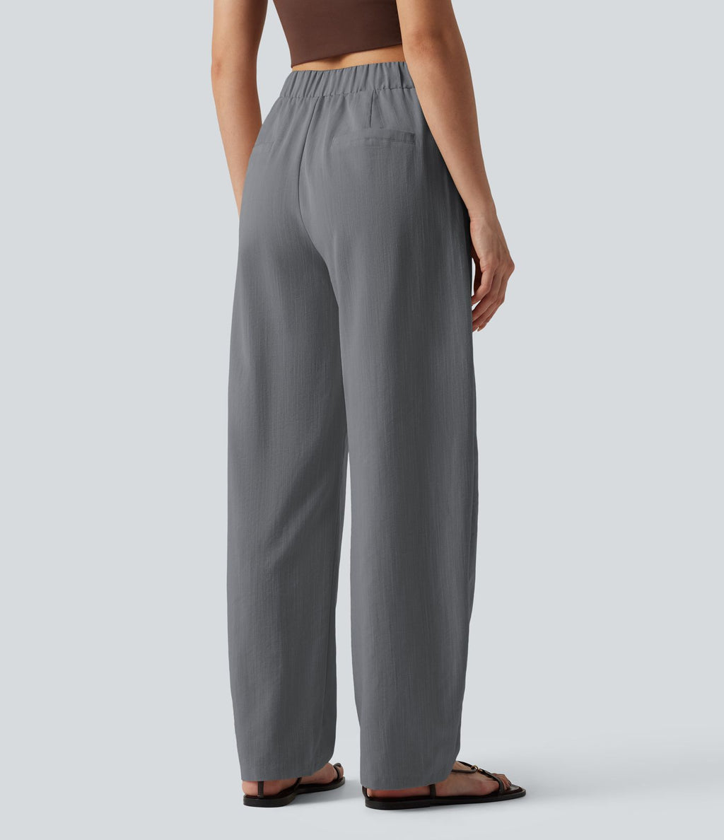 Pantalon tailleur asymétrique effet lin, taille moyenne, coupe ballon, à poches