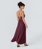 Robe Soirée Midi Encolure Côtelée Dos Nu Lacets Croisés Fendue