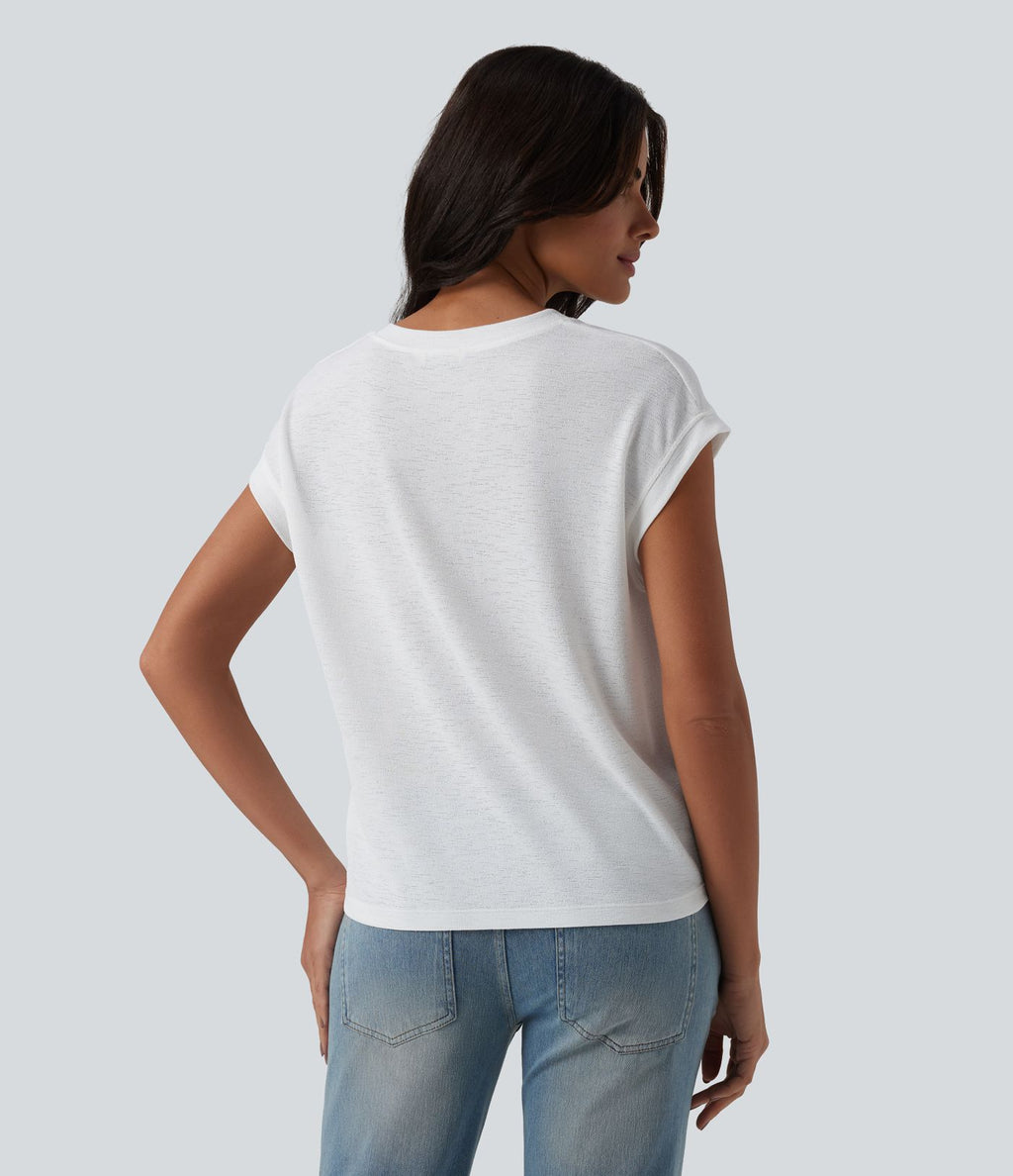 T-shirt décontracté semi-transparent col cranté manches courtes