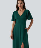 Robe longue fluide de demoiselle d'honneur et d'invitée de mariage, fendue, à manches à volants et col V profond, avec soutien-gorge intégré et poches