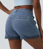 Halara Flex™ Short casual en denim taille mi-haute à ourlet retroussé avec poches