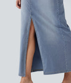 Halara Flex™ Jupe en Jean longue décontractée extensible délavé taille moyenne avec fente et multiples poches