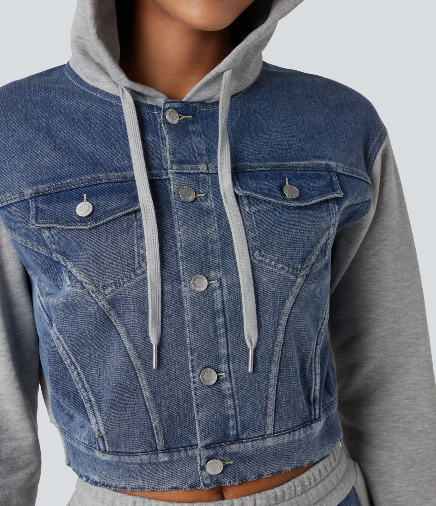 Veste en jean patchwork à capuche avec cordon de serrage et manches longues Halara Flex™