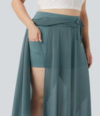 Jupe longue fluide grande taille 2-en-1 mesh contrastant taille haute avec cordon de serrage et poches