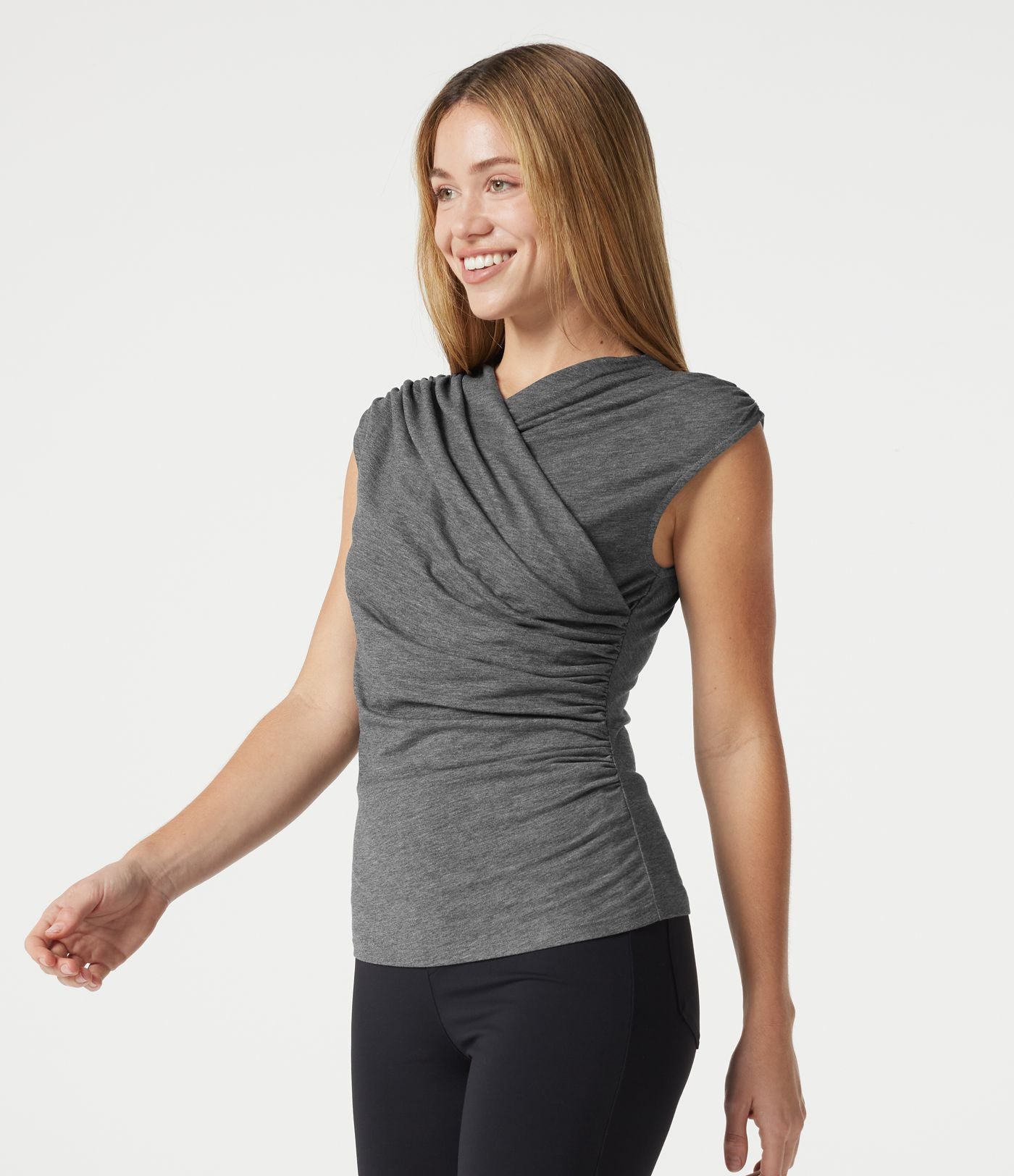 T-shirt casual sans manches à col V froncé