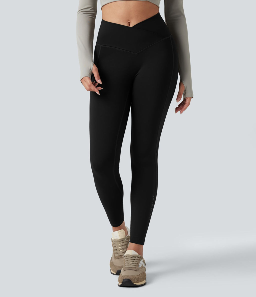 Legging de randonnée 7/8 résistant à l'usure taille haute croisée réfléchissant avec poche
