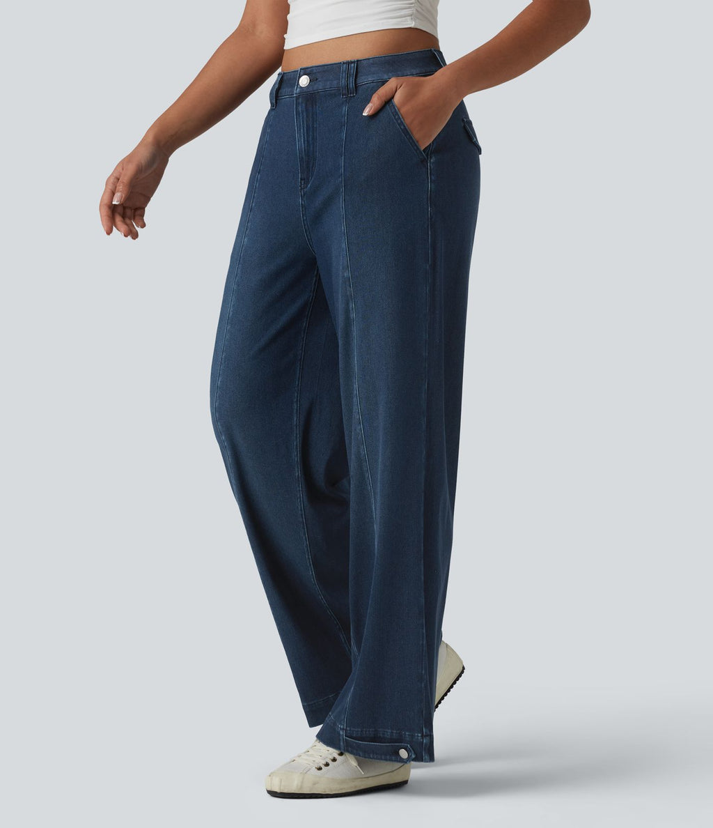 Halara Flex™ Jean large casual baggy taille mi-haute en lyocell drapé effet délavé, ourlet ajustable et poches