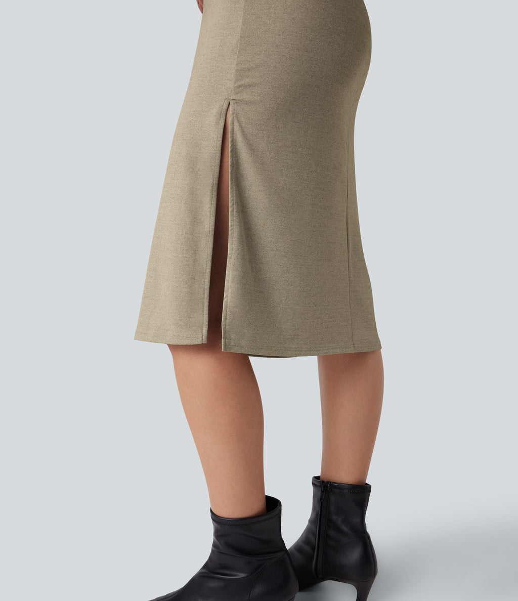 Robe tailleur mi-longue moulante manches courtes froncée