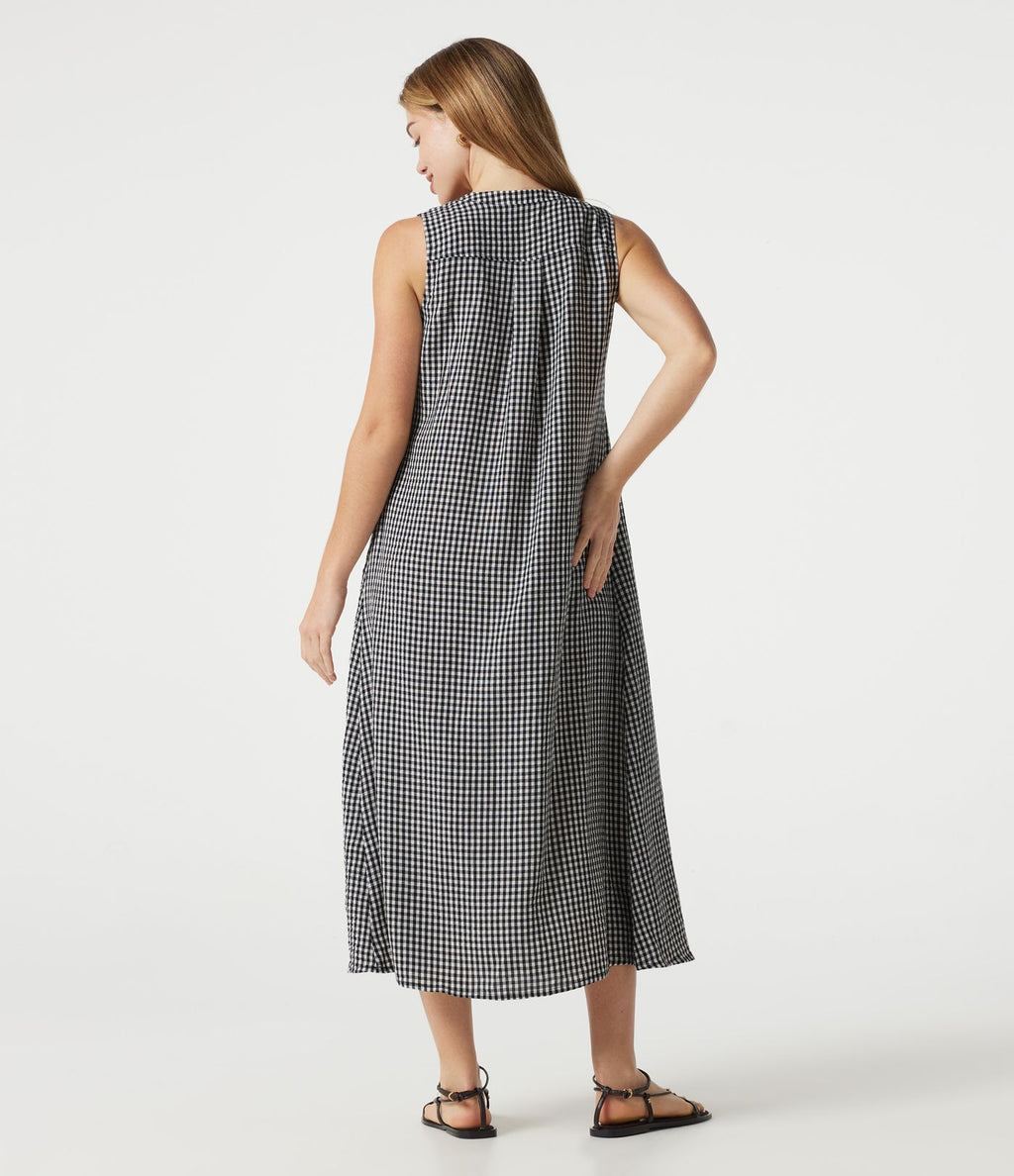 Robe casual midi à carreaux toucher lin col rond sans manches à poches