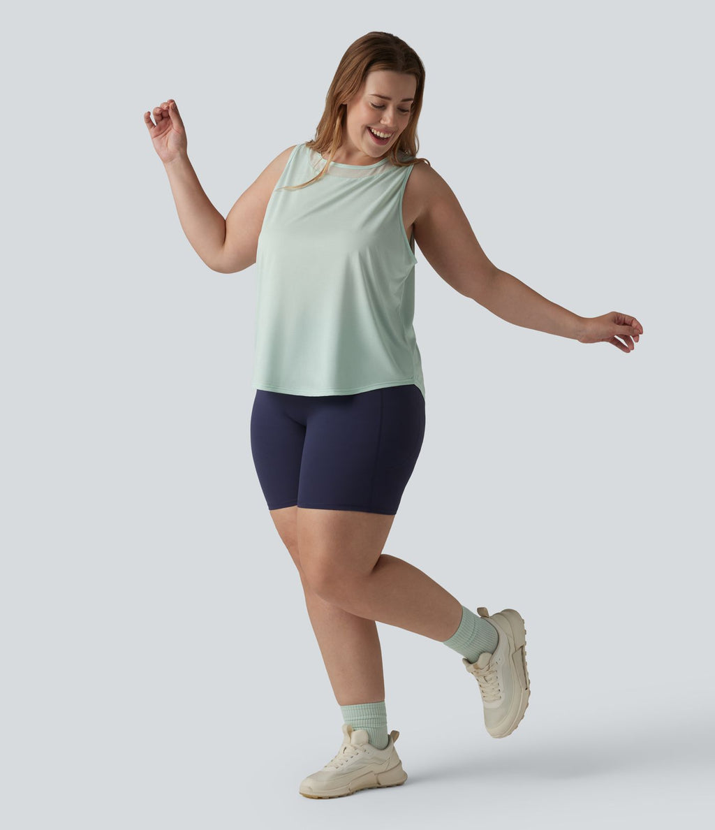 Débardeur de course grande taille ourlet arrondi empiècement en maille contrastée
