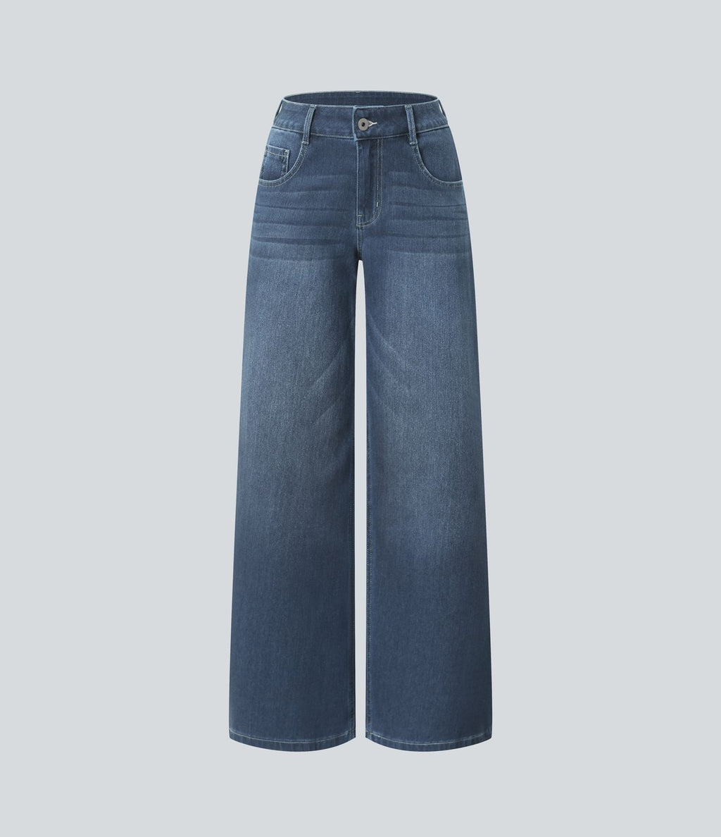 Halara Flex™ Jean Large Casual Taille Basse avec Boutons Zip Multiples Poches Lavés Élastiques et Tricotés
