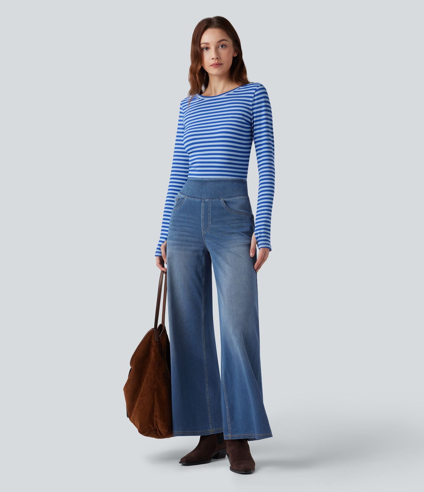 Jean décontracté Halara Flex™ large taille haute effet délavé avec poches