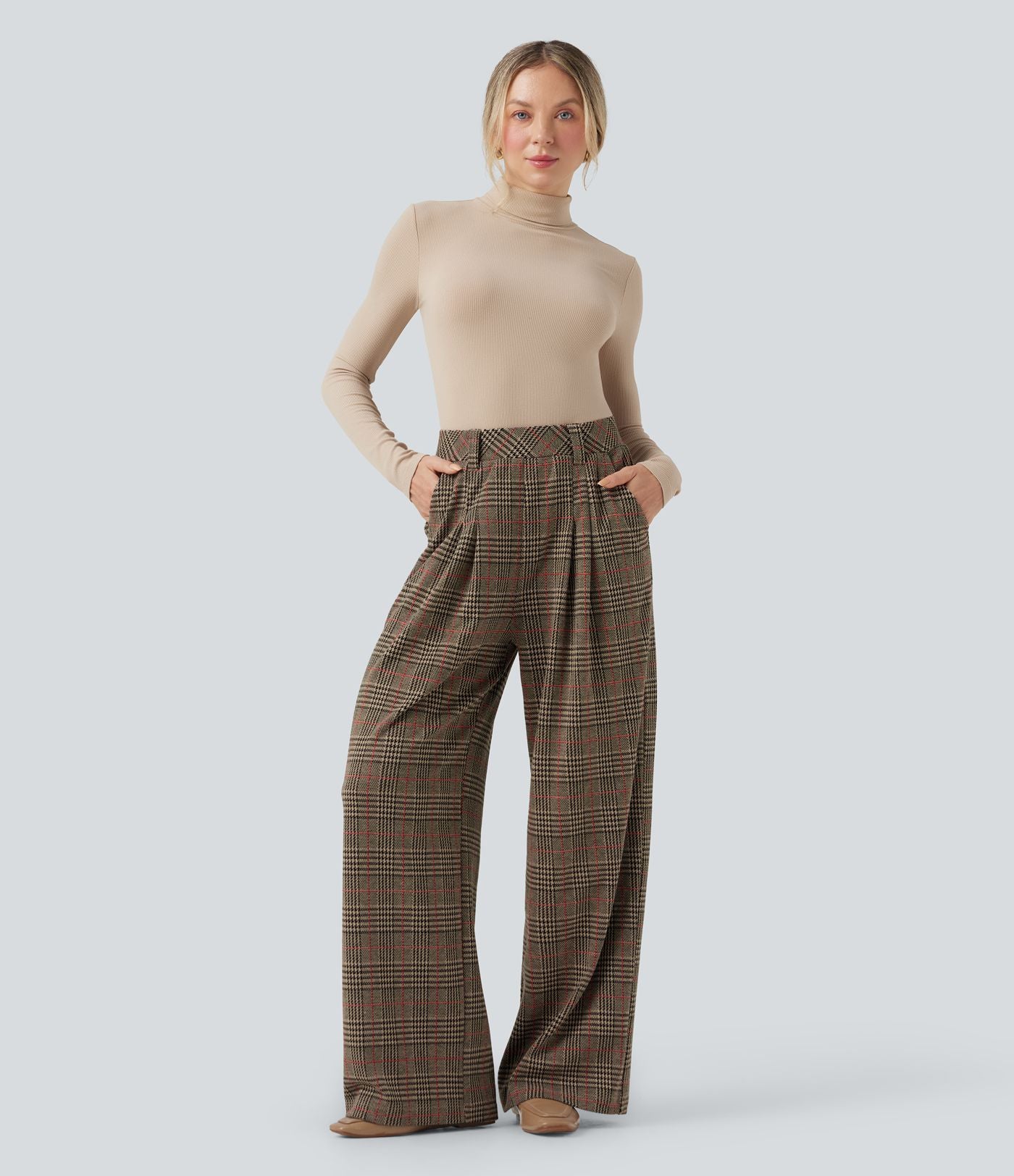 Pantalon taille haute décontracté large à carreaux, avec poches