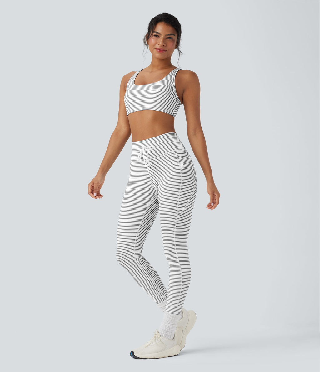 Legging de yoga rayé taille haute avec cordon de serrage et poches