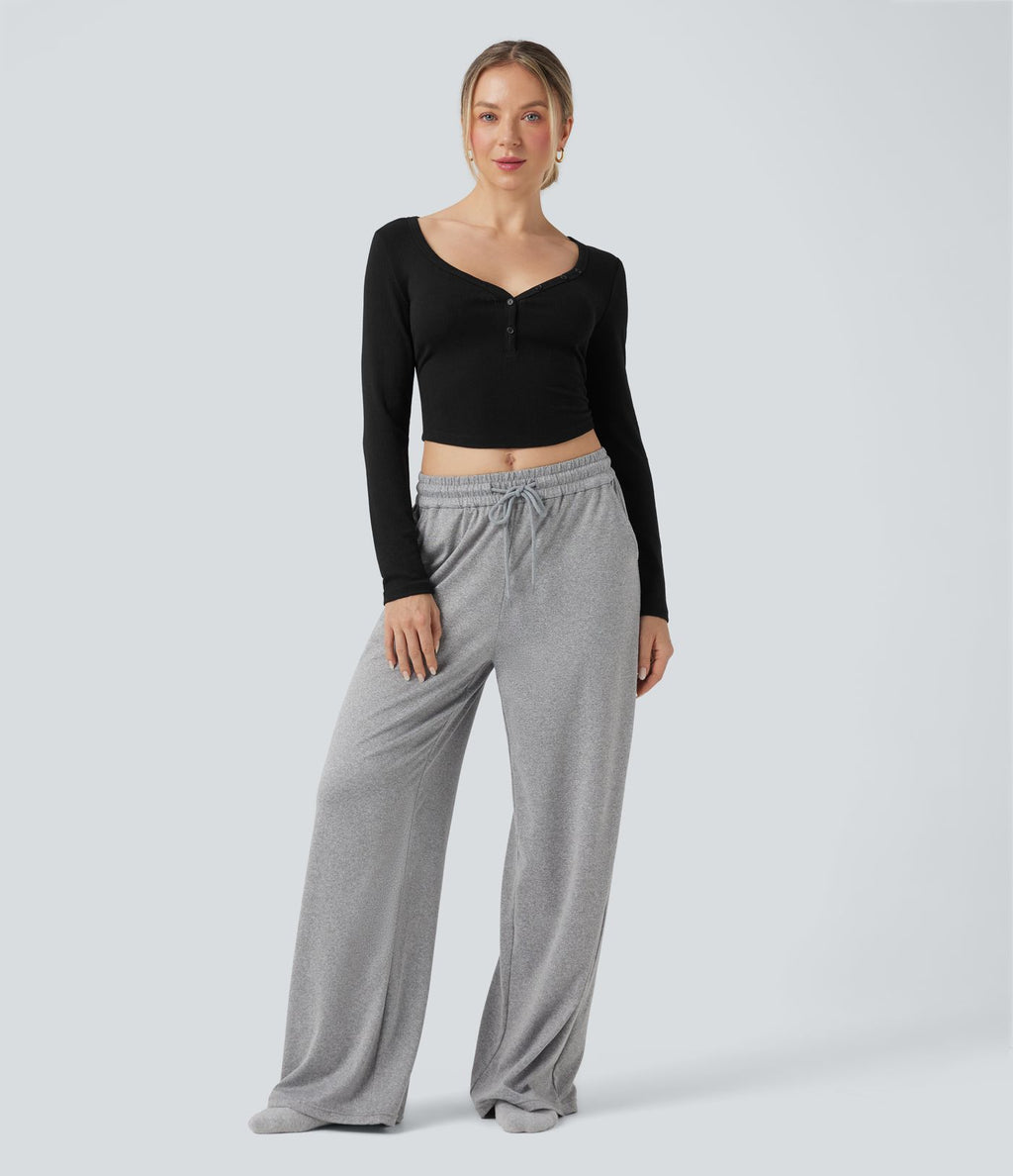 Haut détente cropped maille côtelée col henley manches longues