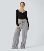 Haut détente cropped maille côtelée col henley manches longues