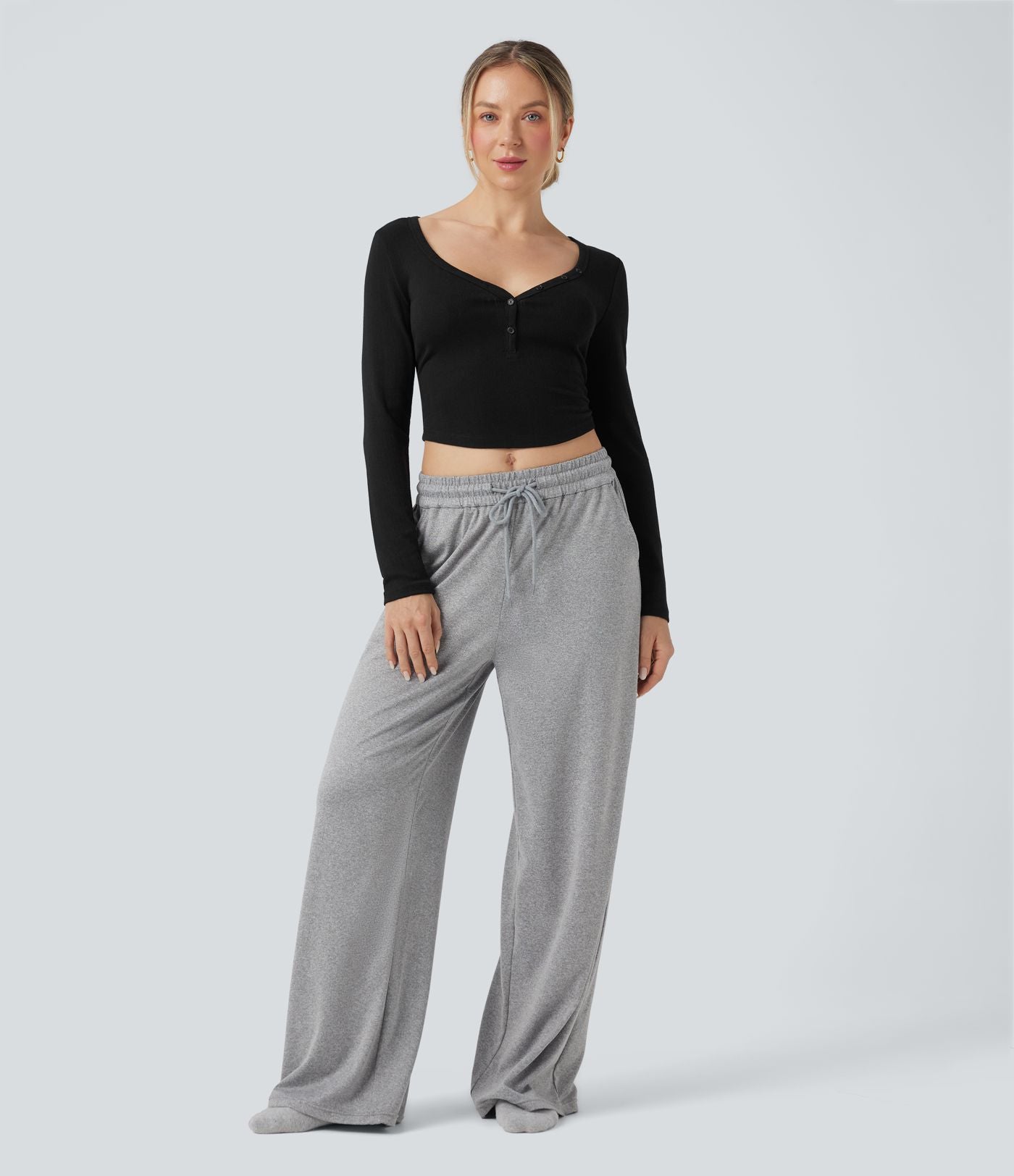 Haut détente cropped maille côtelée col henley manches longues