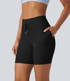 Short cycliste de yoga en maille côtelée taille haute avec cordon de serrage séchage rapide 15 cm avec poches - UPF50+
