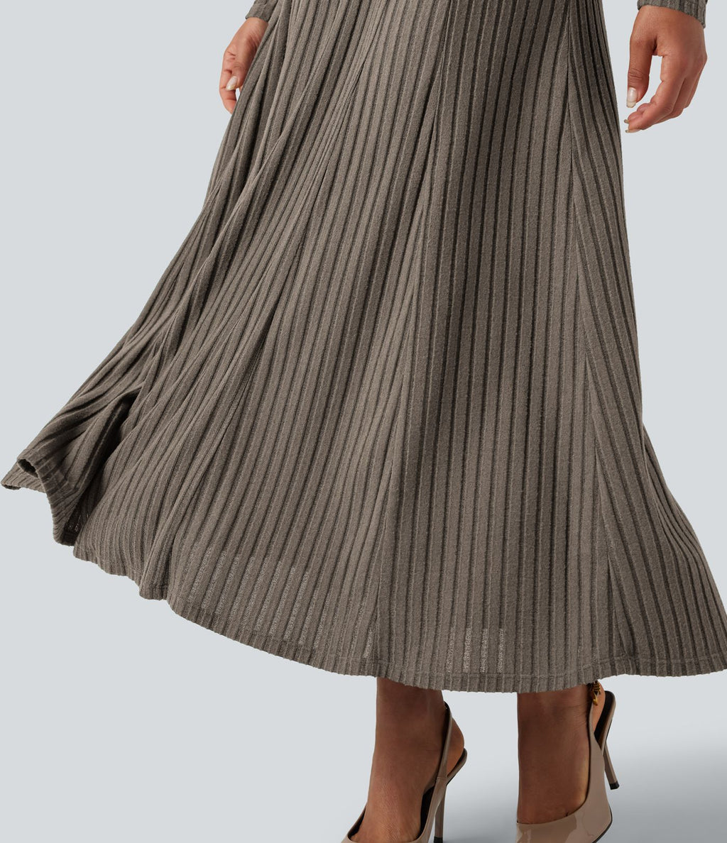 Robe longue fluide maille côtelée col henley manches longues
