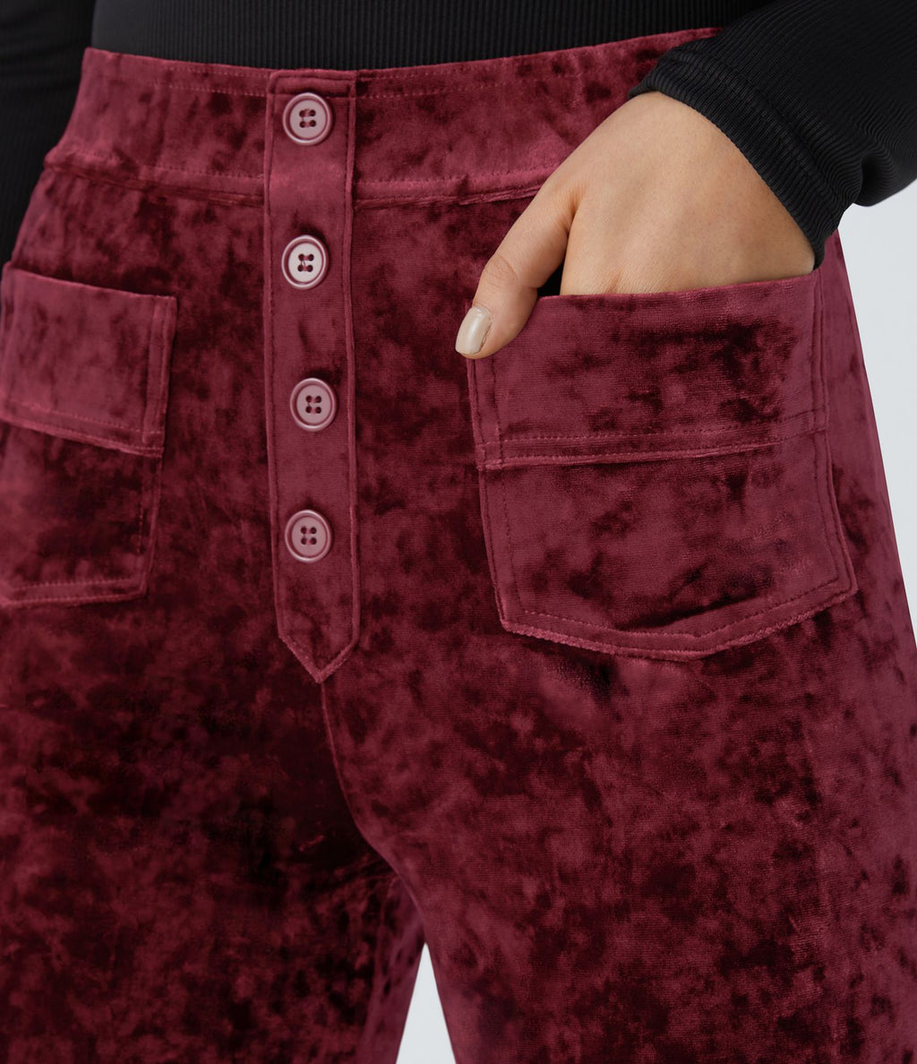 Pantalon en Velours Taille Haute avec Bouton Multipoches Droites