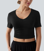 T-shirt décontracté col V manches courtes coupe courte