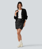 Jupe-short mini moulante taille haute en simili doublé polaire avec fronces et ourlet croisé