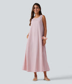 Robe débardeur midi décontractée col rond sans manches en vichy froissé avec poches