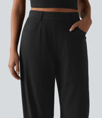 Pantalon casual taille haute en lin stretch coupe barrel avec poches