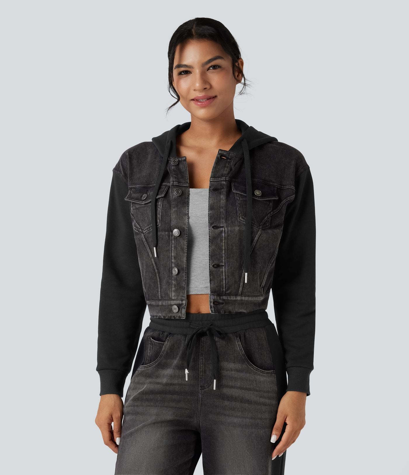 Veste en jean patchwork à capuche avec cordon de serrage et manches longues Halara Flex™