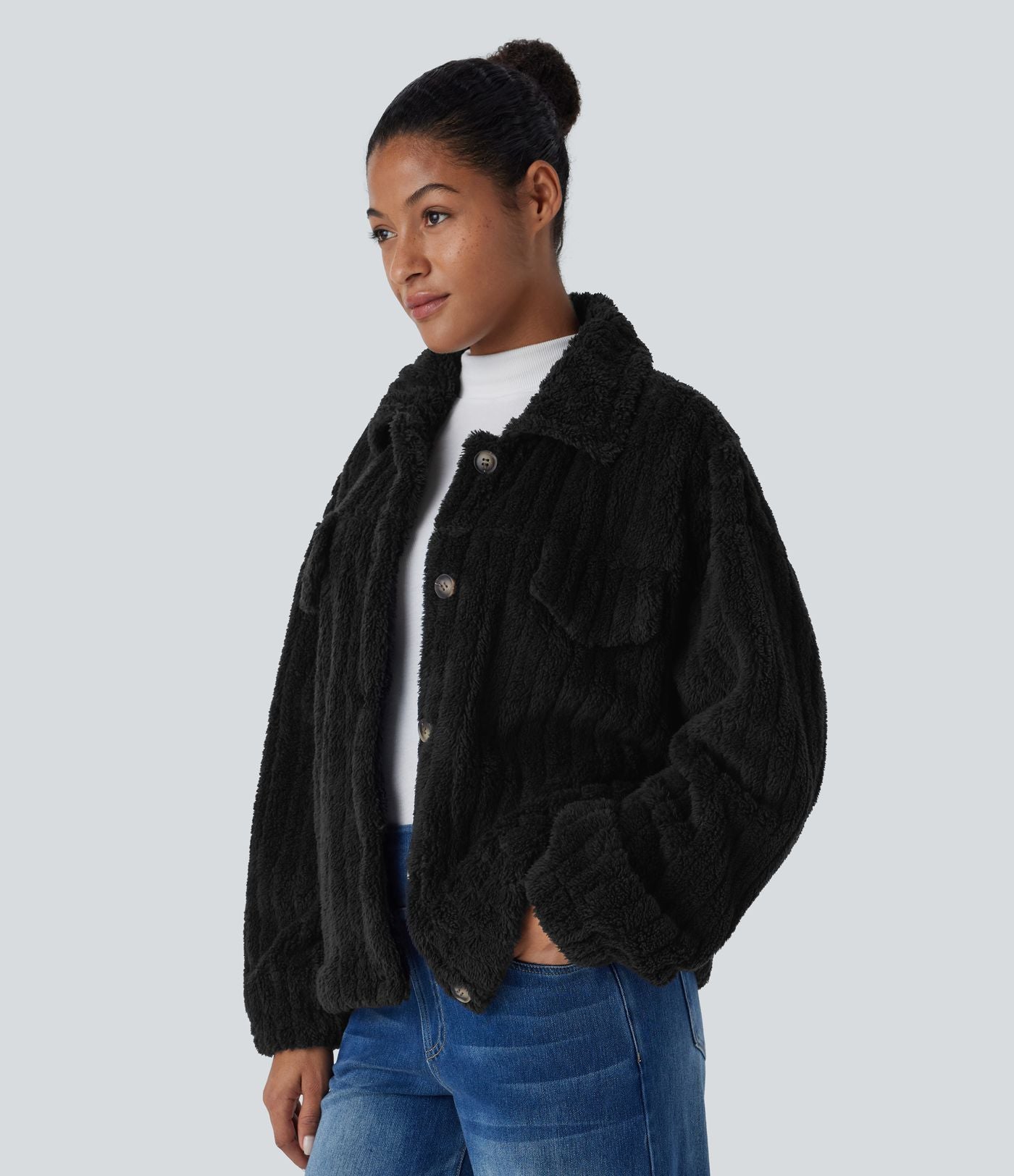 Veste décontractée en sherpa à col, boutons et manches longues