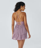 Robe Soirée Mini Superpositions en Maille avec Dos Nu Croisé Lacets