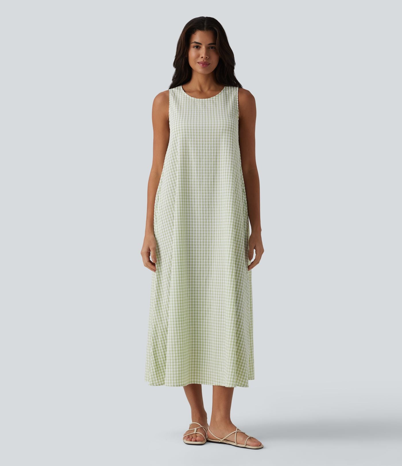 Robe débardeur midi décontractée col rond sans manches en vichy froissé avec poches