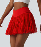Jupe-short de tennis mini taille haute croisée fluide avec poches