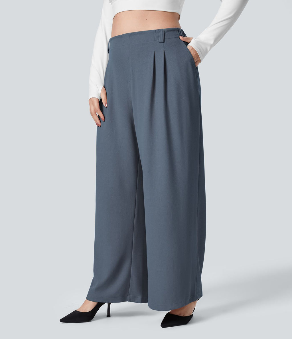 Halara Flex™ Pantalon tailleur Grande taille à Taille Haute, Poches Latérales Plissées, Jambes Larges, en Tissu Gaufré